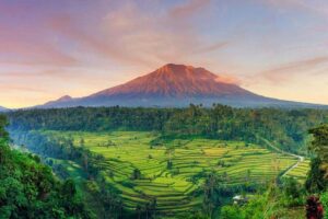Vue panoramique du Mont Agung à Bali, avec les rizières et la forêt verdoyante et un ciel dégagé.