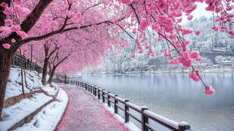 Des fleurs de cerisier roses décorent le sentier qui longe un lac