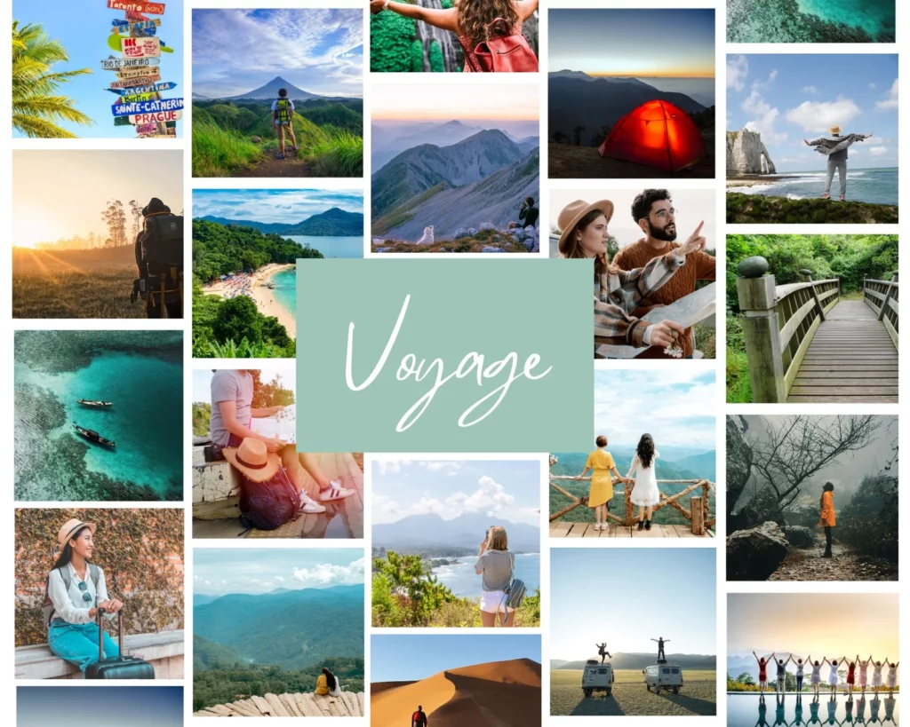 Collage visuel avec le mot "voyage" et des images symbolisant l'aventure et l'exploration.